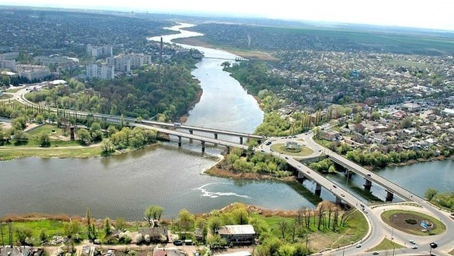 Вигляд на місто та мости Первомайська через Південний Буг і Синюху